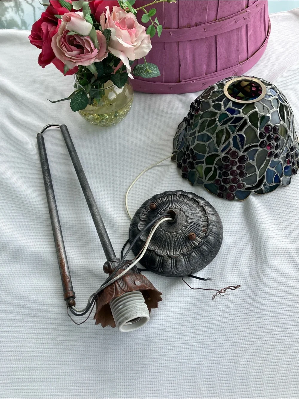 Vintage Quoizel Stained Glass Ceiling Pendant Lamp